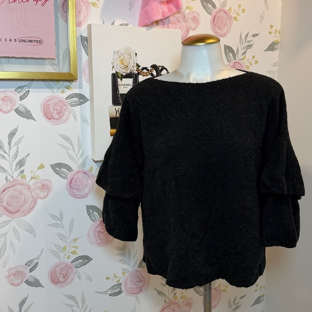 Madewell Boat Neck Tiered Bell Sleeve Black Wool Blend Sweater Womens